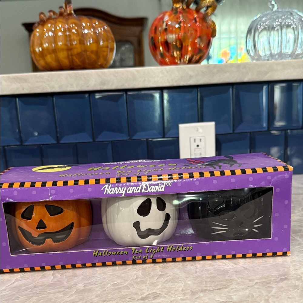 Harry and David Halloween Tea Light Holder Set - Orange, White, Black